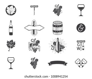 Wine production icons set. Winery, wine shop, vineyards badges collection. Retro Drink symbols. Monochrome design illustrations. Stock vector emblems and pictograms isolated on white background.