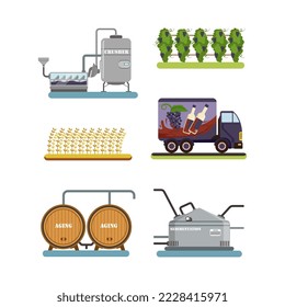 Wine production industrial equipment. Winery process line cartoon vector illustration