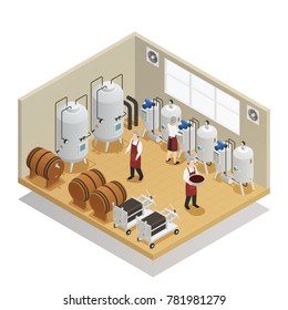 Wine production isometric composition with factory employees and equipment for extract juice fermentation pressure filtration aging vector illustration 