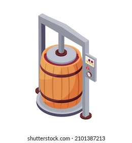 Icono isométrico de la producción de vino con uvas en barril de madera bajo ilustración vectorial 3d de la prensa