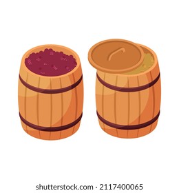 Wine production isometric icon with two wooden barrels with white and red grapes isolated vector illustration