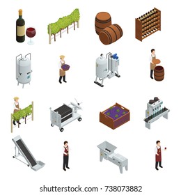 Wine production isometric set of grapevine wooden barrels vineyard transporter sommelier rack of vine bottles vector illustration