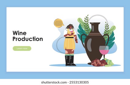 Landing page de producción de vino. Mujer cerca de jarra y vaso con uva. Bebida alcohólica y bebida. Bodega y vinificación. Ilustración vectorial plana aislada sobre fondo blanco