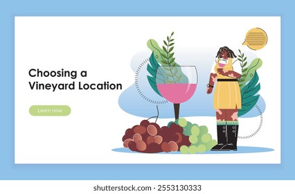 Landing page de producción de vino. Mujer cerca de vidrio con uva. Bebida alcohólica y bebida. Bodega y vinificación. Producción de alcohol. Ilustración vectorial plana aislada sobre fondo blanco