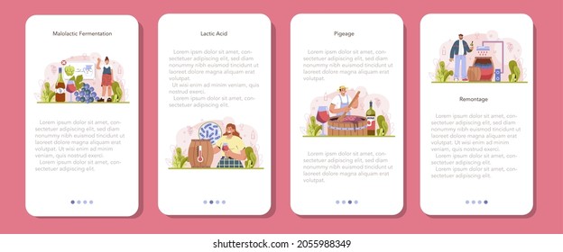 Banner-Set für die Weinproduktion für mobile Anwendungen. Alkohol trinken traditionelle Herstellungsverfahren und Technologie. Malolaktische Gärung und Wiedermontage. Traubenwein in einer Flasche. Flache Vektorgrafik