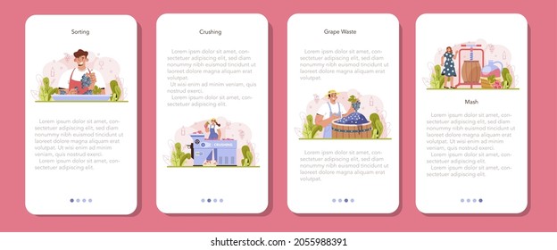 Wine production mobile application banner set. Grape selection and processing. Grape berries sorting and treading. Alcohol drink characteristics. Flat vector illustration