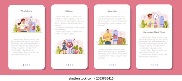 Wine Production Mobile Application Banner Set. Red And Rose Wine Sulfation And Maceration. Alcohol Drink Characteristics Improvement. Wine In A Bottle Or Glass. Vector Illustration