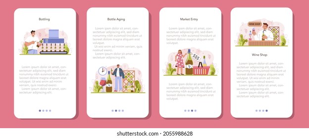 Wine production mobile application banner set. Grape wine puted in bottles for sale. Alcohol market entry. Champagne, red, white and rose wine. Glass full of alcohol drink. Flat vector illustration