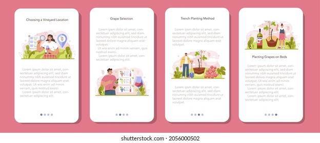 Banner-Set für die Weinproduktion für mobile Anwendungen. Traubenbaumauswahl und -anbau. Weinberge und Weinbau. Gute Ernte. Eigenschaften von Alkohol. Flache Vektorgrafik