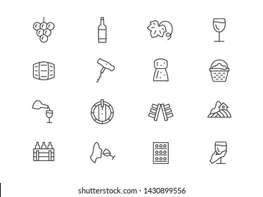 Wine production, packaging, testing and storage vector icons. Editable stroke