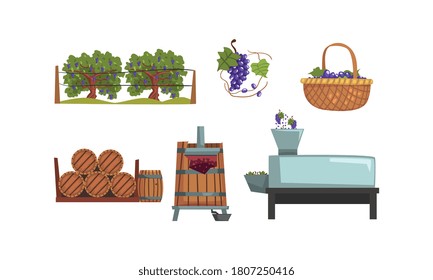 Proceso De Producción De Vino, Equipo De Fabricación De Bebidas Alcohólicas, Cosecha De Uvas, Presión, Fermentación Estilo Vector Ilustración