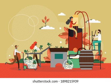 Wine production process concept vector illustration. Winery factory, people harvest grape and make wine. Winemaking technology