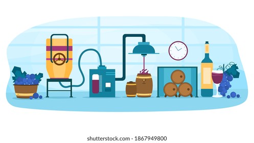 Proceso de producción de vino. Fermentación, destilación, prensado, envejecimiento y embotellamiento de alcohol. Barril de madera con vino. Dibujo vectorial plano de dibujos animados