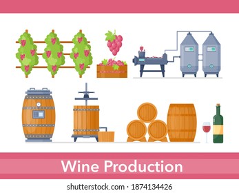 Wine production process in winery factory manufacture vector illustration set. Cartoon processing line with growing grapes, fermentation machine, pressing and storage wine product in wooden barrels