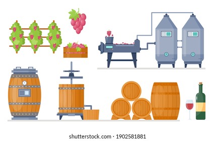 Wine production process in winery factory manufacture vector illustration set. Cartoon processing line with growing grapes, fermentation machine, pressing and storage wine product in wooden barrels