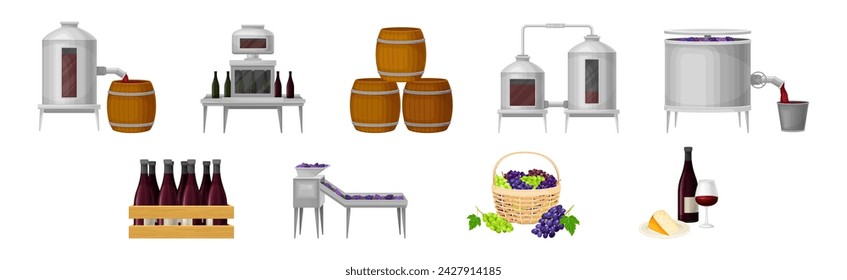 Wine Production Process and Winery Factory Vector Set