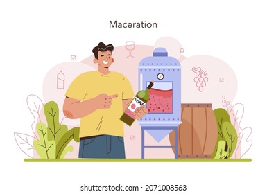 Wine Production. Red And Rose Wine Maceration. Alcohol Drink Characteristics Improvement, Appearance, Taste, And Shelf Life. Wine In A Bottle Or Glass. Vector Illustration