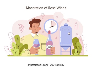 Wine Production. Red And Rose Wine Maceration. Alcohol Drink Characteristics Improvement, Appearance, Taste, And Shelf Life. Wine In A Bottle Or Glass. Vector Illustration