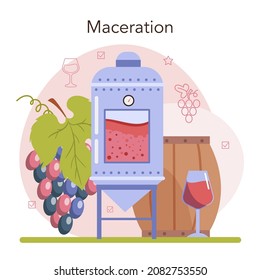 Wine Production. Red And Rose Wine Maceration. Alcohol Drink Characteristics Improvement, Appearance, Taste, And Shelf Life. Wine In A Bottle Or Glass. Vector Illustration