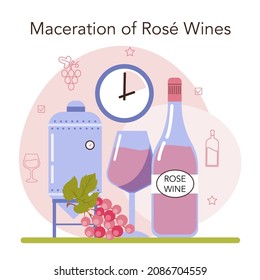 Wine Production. Red And Rose Wine Maceration. Alcohol Drink Characteristics Improvement, Appearance, Taste, And Shelf Life. Wine In A Bottle Or Glass. Vector Illustration