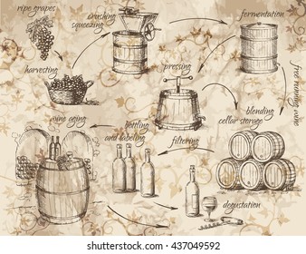 Wine production scheme. How to make wine. General principles. Vector illustration.