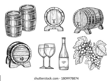 Wine production set. Isolated flat hand drawn wooden barrel with tap, grapes, bottle, glass collection. Wine alcohol drink sketches. Winery production vector illustration