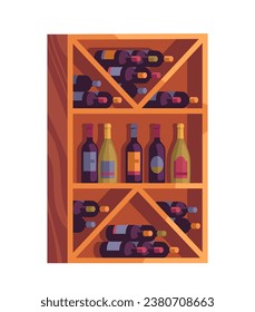 Wine production set. Wooden shelf with bottles with alcoholic drinks. Beverage and tasty liquid. Winery industry and storage. Cartoon flat vector illustration isolated on white background