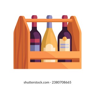 Wine production set. Wooden shelf with bottles with alcoholic drinks. Beverage and tasty liquid. Graphic element for website. Cartoon flat vector illustration isolated on white background