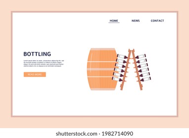Wine production stage - bottling process. Filling of glass bottles red traditional grape alcohol drink from wooden barrel in vineyard cellar. Vector illustration. Design for web.