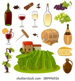 Wine production and use process elements cartoon isolated icons set vector illustration