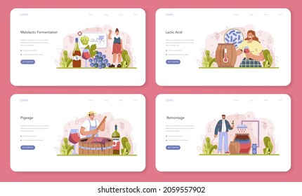 Wine production web banner or landing page set. Alcohol drink traditional making process and technology. Wine malolactic fermentation and remontage. Grape wine in a bottle. Flat vector illustration
