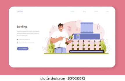 Wine production web banner or landing page. Grape wine puted in bottles for sale. Alcohol market entry. Champagne, red, white and rose wine. Glass full of alcohol drink. Flat vector illustration