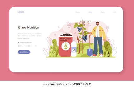 Wine production web banner or landing page. Grape tree selection and cultivation. Grape nutrition with fertilizers. Good harvest, Alcohol drink characteristics. Flat vector illustration