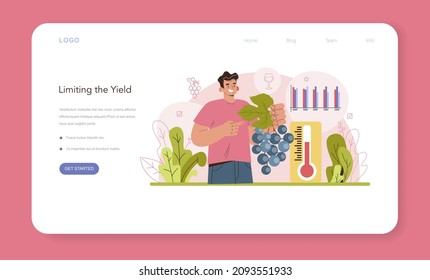 Wine production web banner or landing page. Grape selection and cultivation. Grape pruning, roots growth stimulation and trees planting density. Alcohol drink characteristics. Flat vector illustration