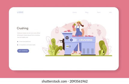 Wine production web banner or landing page. Grape selection and processing. Grape berries treading. Alcohol drink characteristics. Grape wine in a bottle or glass. Flat vector illustration