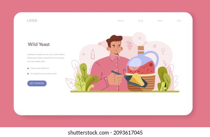 Wine production web banner or landing page. Wine fermentation with wild and cultured yeast. Grape wine in a bottle or glass. Alcohol drink characteristics. Flat vector illustration