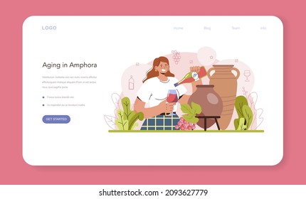 Wine production web banner or landing page. Wine aging in a wood barrel or clay amphora. Table and prestigious alcohol drink characteristics assemblage. Flat vector illustration