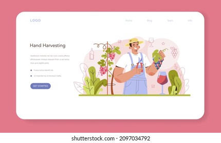 Wine production web banner or landing page. Grape selection, cultivation and harvesting. Alcohol drink characteristics. Grape wine in a bottle or glass. Flat vector illustration