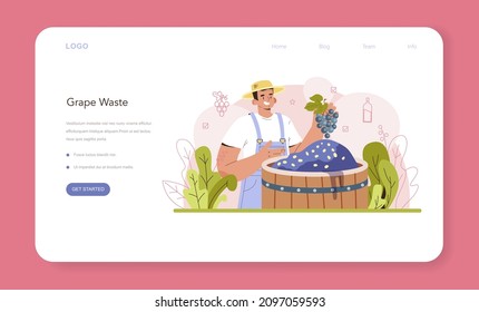 Wine production web banner or landing page. Grape selection and processing. Grape berries sorting and treading. Alcohol drink characteristics. Grape wine in a bottle or glass. Flat vector illustration