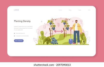 Wine production web banner or landing page. Grape selection and cultivation. Grape pruning, roots growth stimulation and trees planting density. Alcohol drink characteristics. Flat vector illustration