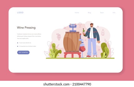 Wine production web banner or landing page. Alcohol drink traditional making process and technology. Wine alcoholic fermentation and pressing. Grape wine in a bottle or glass. Flat vector illustration
