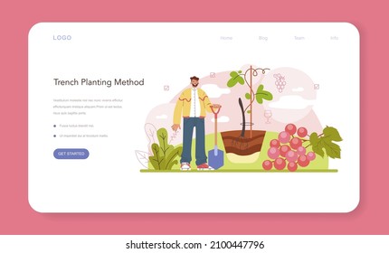 Wine production web banner or landing page. Grape tree selection and cultivation. Vineyard selection and grape planting. Good harvest. Alcohol drink characteristics. Flat vector illustration