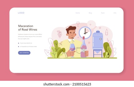 Wine Production Web Banner Or Landing Page. Red And Rose Wine Maceration. Alcohol Drink Characteristics Improvement, Appearance, Taste, And Shelf Life. Wine In A Bottle Or Glass. Vector Illustration