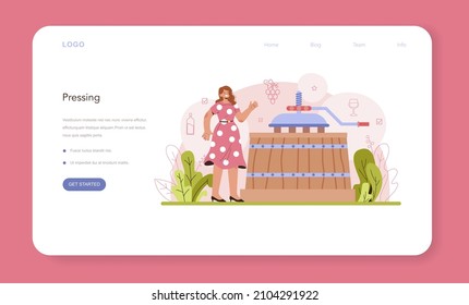 Wine production web banner or landing page. Alcohol drink traditional making process and technology. Wine alcoholic fermentation and pressing. Grape wine in a bottle or glass. Flat vector illustration