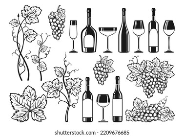 Wine products cartoon set. Wineglass and bottle, vine grapes vintage hand drawn design. Wine or champagne bottles alcohol bar, advertisement spirits design for cafe, restaurant vector illustration