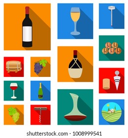 Wine products flat icons in set collection for design. Equipment and production of wine vector symbol stock web illustration.