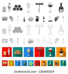Wine products flat icons in set collection for design. Equipment and production of wine vector symbol stock web illustration.