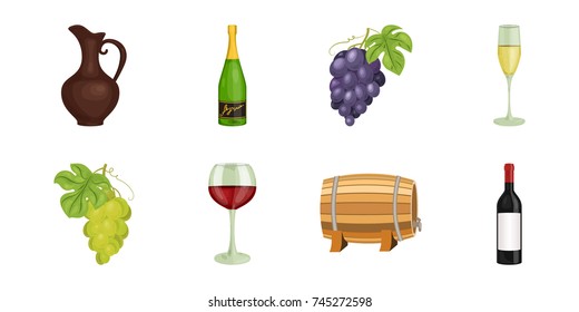 Wine products icons in set collection for design. Equipment and production of wine vector symbol stock web illustration.
