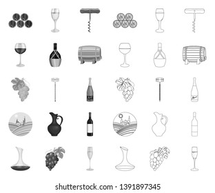 Wine products mono,outline icons in set collection for design. Equipment and production of wine vector symbol stock web illustration.