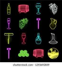 Wine products neon icons in set collection for design. Equipment and production of wine vector symbol stock web illustration.